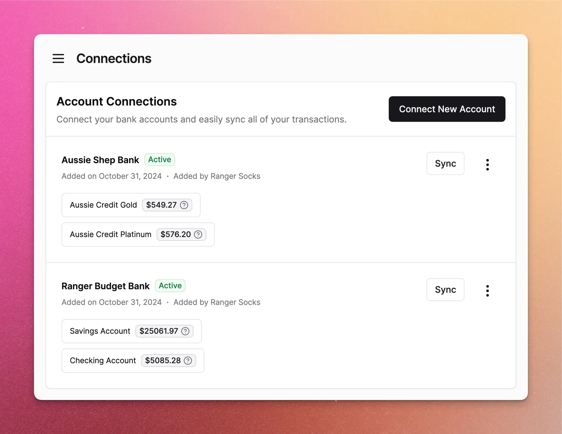 Connections page showing bank account management
