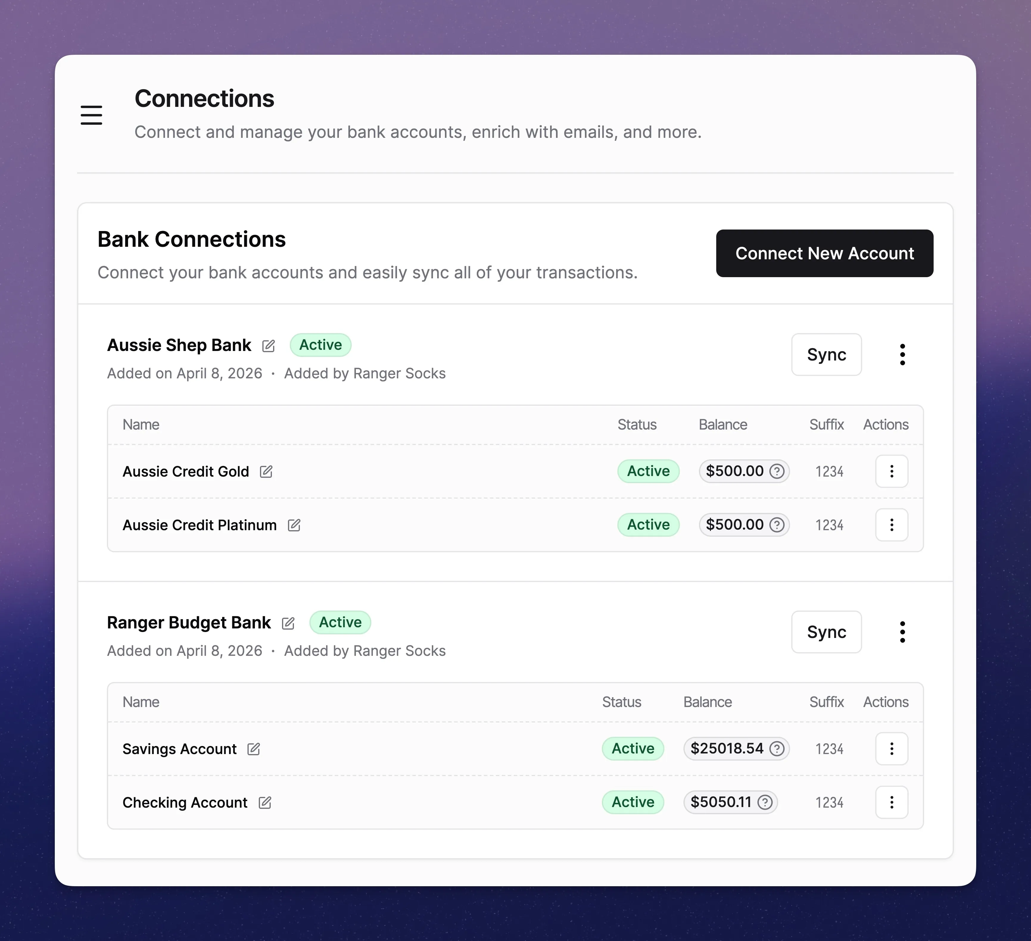 Connections page showing bank account management