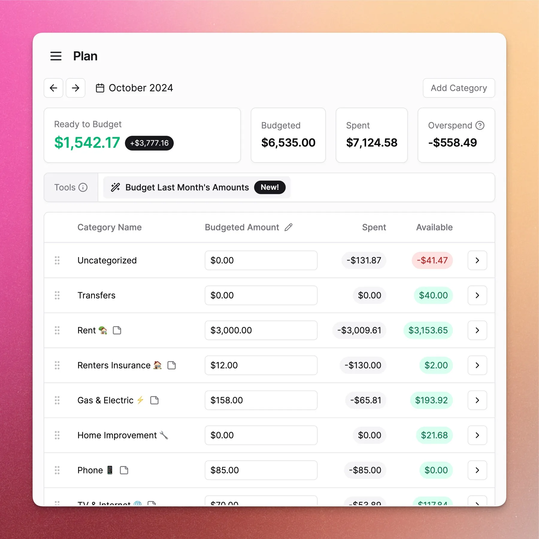 Plan page showing category management