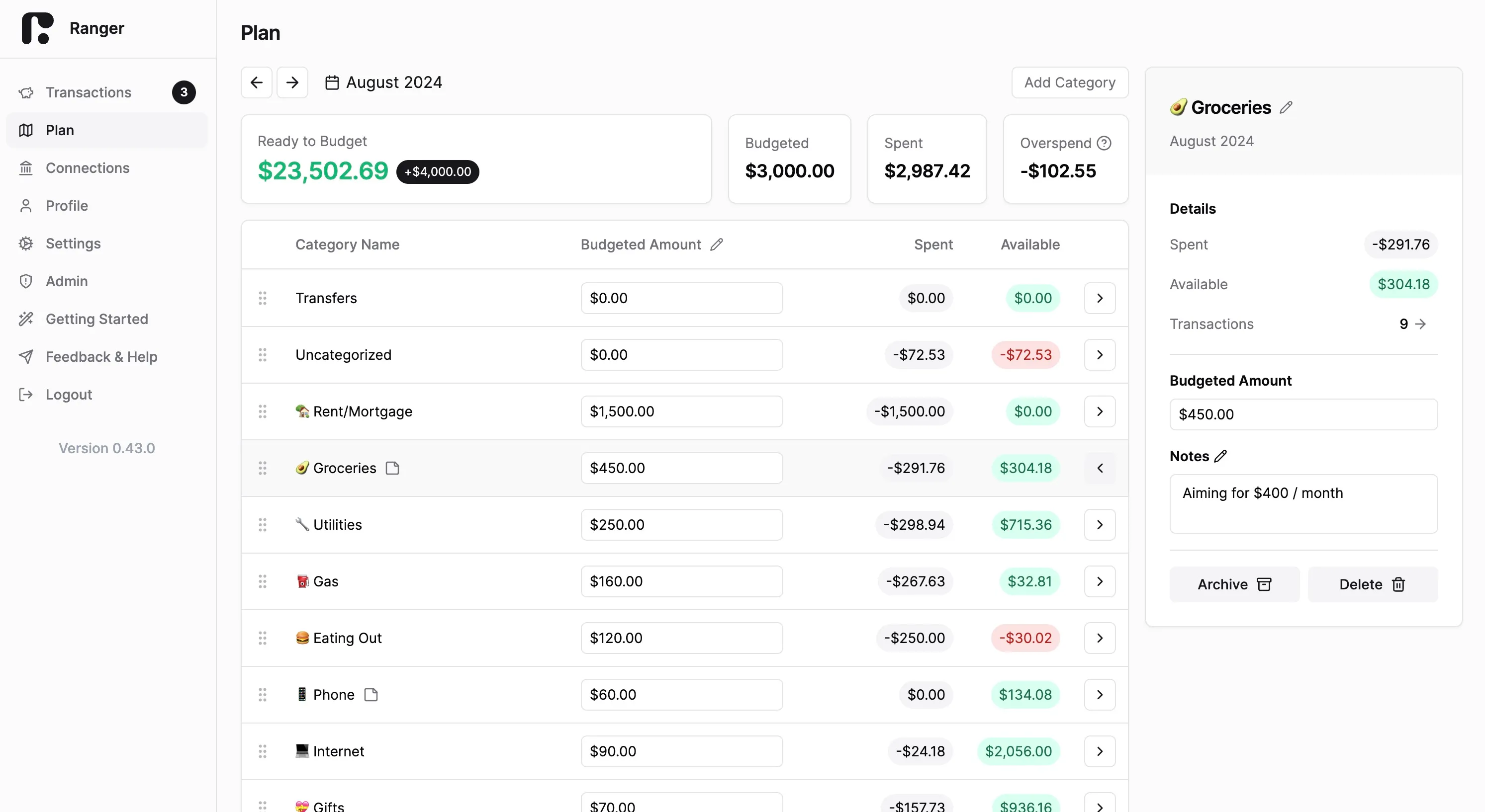 Ranger's clean plan page interface