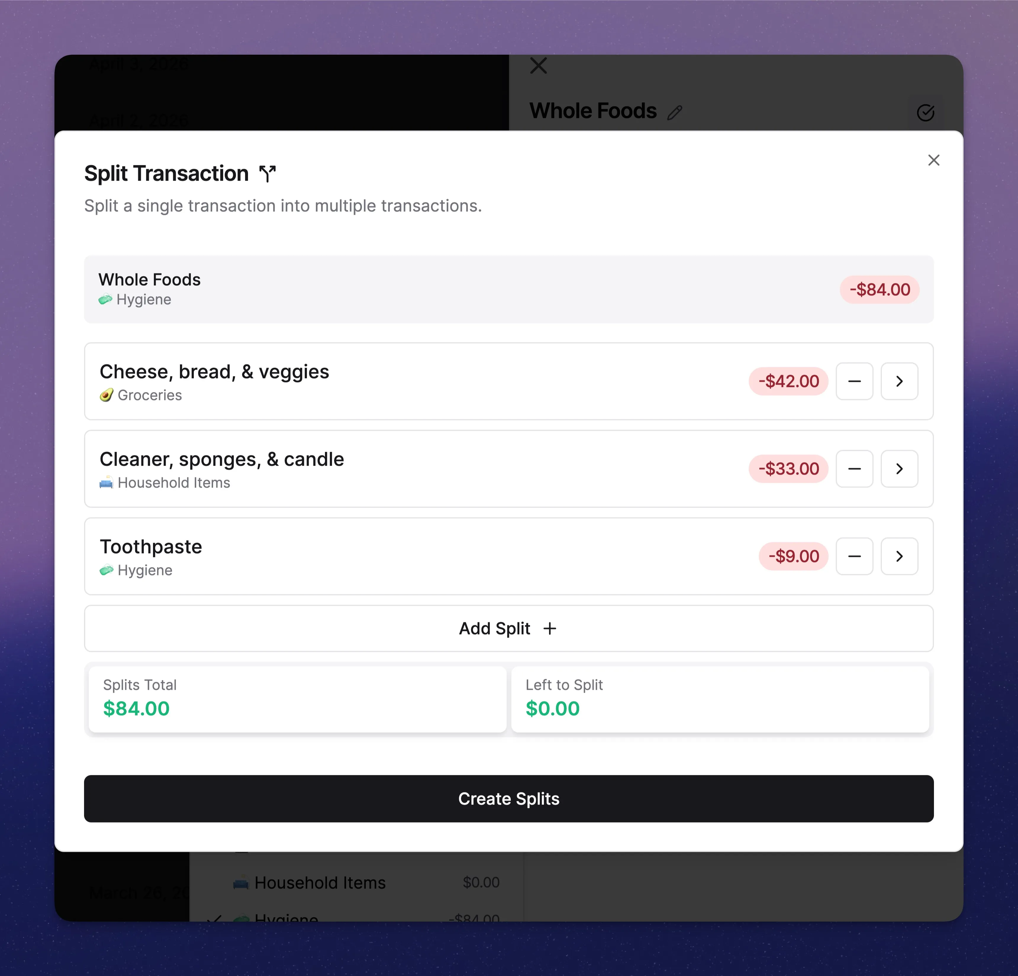 Transactions page showing a split transaction