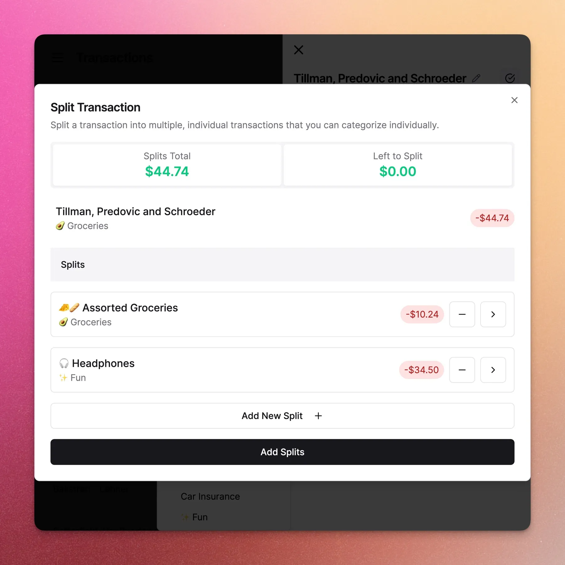 Transactions page showing a split transaction