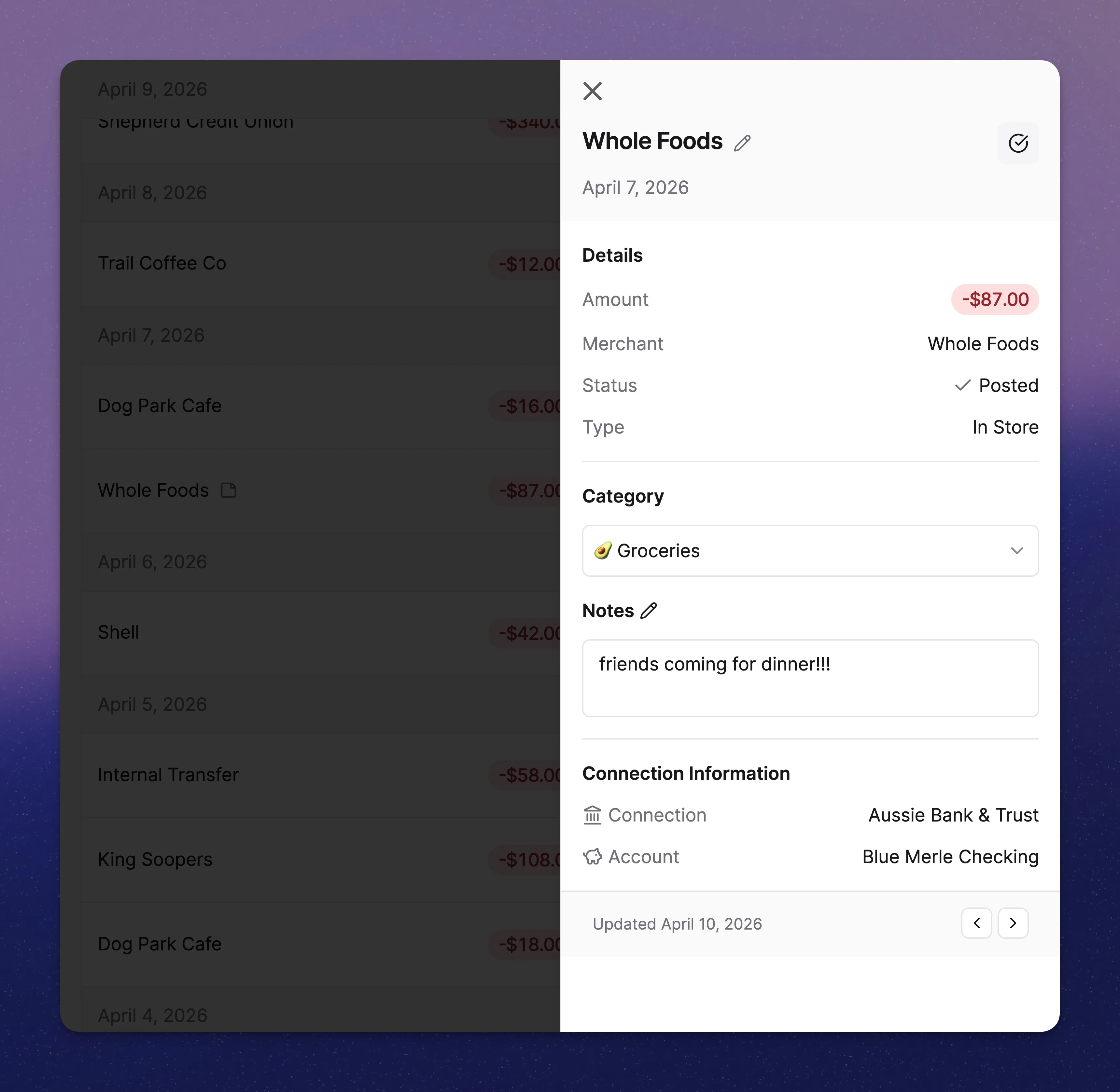 Transactions page showing editing and categorization options
